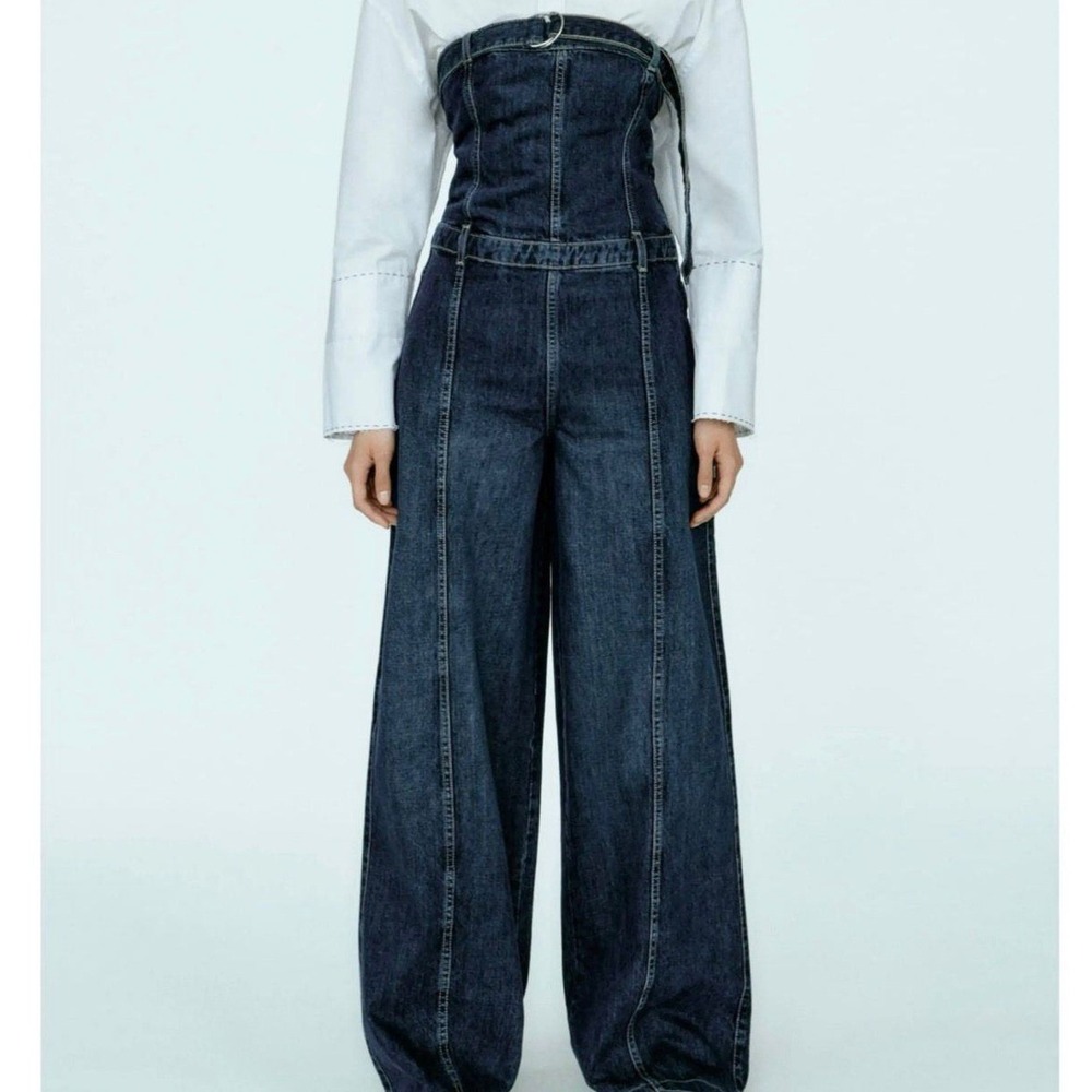 ZARA Denim Jumpsuit Wide Leg Size Xs New With Tags Needs Minor Stitch Repair